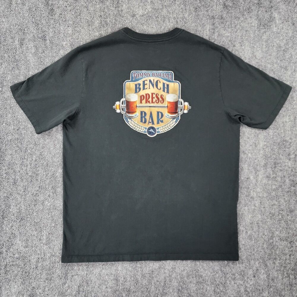 Tommy Bahama Shirt Mens Large Gray Bench Press Bar Short Sleeve Casual Tee